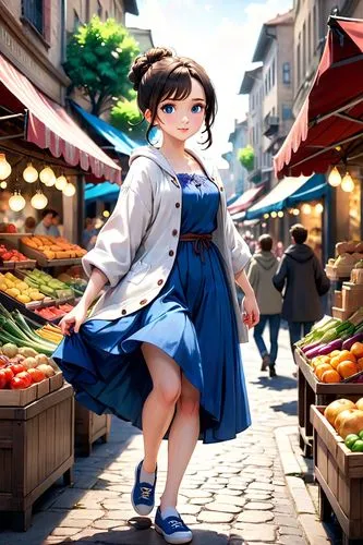 nanako,greenmarket,shopping street,farmer's market,anime japanese clothing,french digital background,Anime,Anime,Cartoon