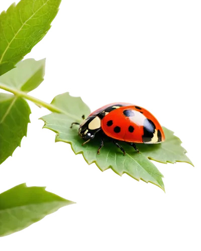 Ladybird, red and black body, white spots, delicate wings, green leaves, natural habitat, solo, close-up, 3/4 composition, shallow depth of field, warm color tone, soft sunlight filtering through leav