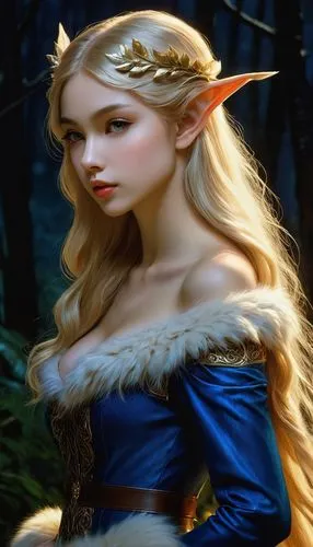 night, dark forest, torchlight, beautiful young elf, beautiful eyes, beautiful lips, beautiful long light golden hair, thin waist, bare shoulders, fur wrapped in fur skin,the beautiful blonde elf in b