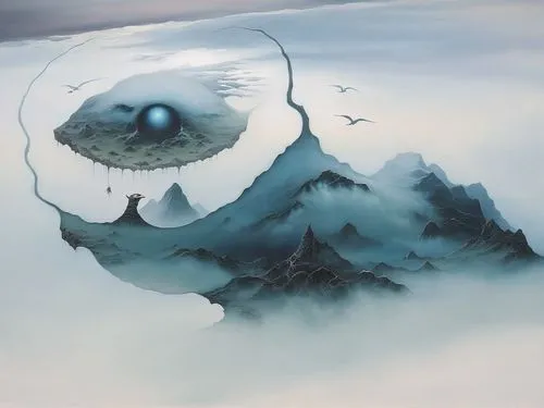 a painting of two mountains and a bird flying over it,cloud mountain,sea of clouds,cloud mountains,cloud mushroom,floating island,hodas,cloudmont,snow mountain,above the clouds,polynya,kumo,snow mount