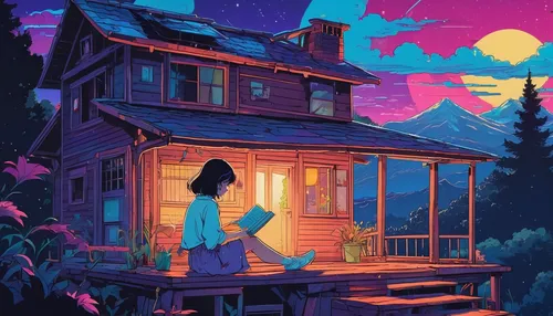 lonely house,cabin,house silhouette,summer cottage,little house,the cabin in the mountains,cottage,small cabin,witch's house,treehouse,digital illustration,small house,home or lost,woman house,log cabin,bungalow,house painting,summer evening,house in the forest,home screen,Illustration,Japanese style,Japanese Style 06