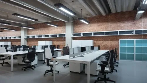 oficina estilo industrial. realista,an empty office with desks and chairs,modern office,blur office background,computer room,offices,ideacentre,workspaces,Photography,General,Realistic