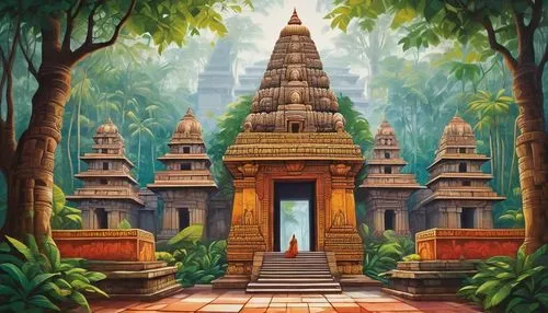 Intricate mandir architecture, ancient temple, ornate carvings, vibrant colors, Hindu deity statues, grand entrance gate, detailed stone walls, lush greenery surroundings, tropical trees, misty atmosp