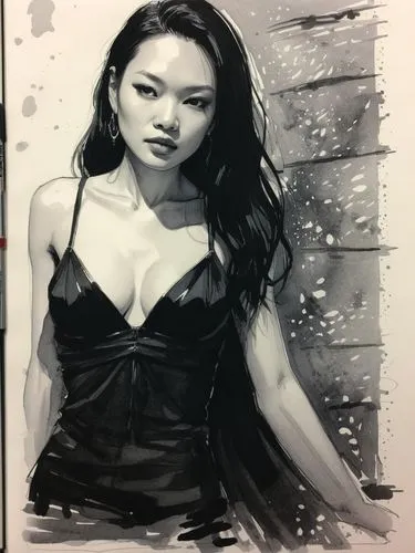 charcoal drawing,psylocke,asian woman,charcoal pencil,charcoal,lotus art drawing,Illustration,Paper based,Paper Based 07