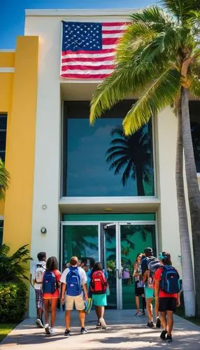 Miami, High School, modern architecture, tropical design, palm trees, blue sky, sunny day, vibrant colors, intricate details, stucco walls, large windows, outdoor courtyard, students socializing, back