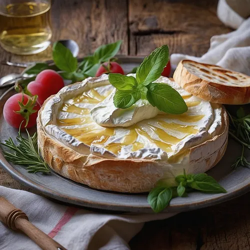 Craft a descriptive paragraph that transports the reader to a rustic French restaurant, where the scent of freshly baked camembert fills the air.,boursin cheese,camembert cheese,burrata,greek feta che