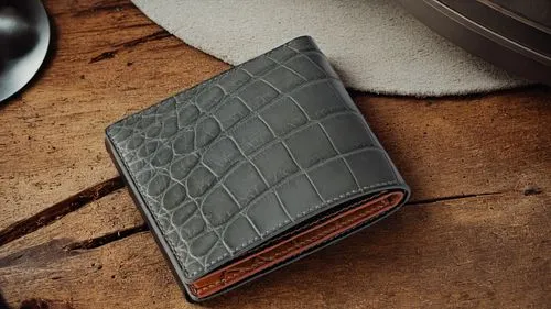 a gray crocodile skin leather bifold wallet sitting on a wooden surface,wallet,wallets,cardholder,leather goods,leather texture,waterfield