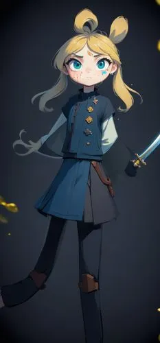 A cute little girl inspired the little pony characters,a girl in a blue dress holding a sword and wearing a blue coat,louisette,neenan,edea,jervis,schikaneder,himiko,Anime,Anime,Cartoon