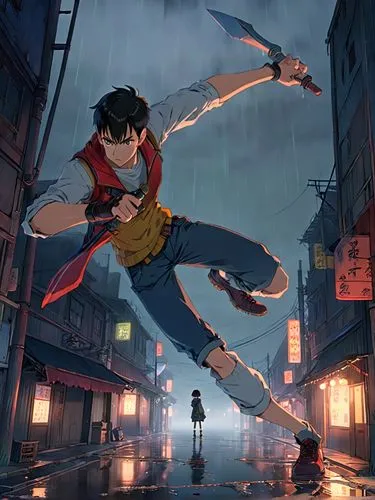 boy ,sakana,2d,noodle image,detective conan,kung fu,game illustration,walking in the rain,in the rain,anime cartoon,rainy,flying girl,martial arts,jin deui,tightrope,sci fiction illustration,world dig