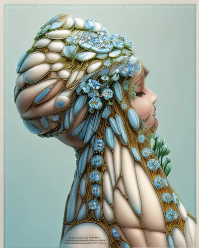 headdress,elven flower,girl in a wreath,spring crown,flower hat,beautiful bonnet,headpiece,dryad,sculpt,fairy peacock,bridal veil,feather headdress,faery,fantasy portrait,flora,the hat of the woman,decorative figure,celestial chrysanthemum,suit of the snow maiden,fractals art,Realistic,Flower,Forget-me-not