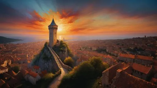 a very tall and narrow watch tower overlooking a medieval city at sunset,croatia,bern,transylvania,dracula castle,mikulov,brasov,sibiu,nuremberg,krumlov,sighisoara,eastern europe,český krumlov,rothenb