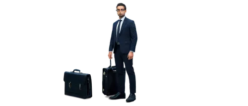 Man, businessman, solo, (30yo), handsome detailed face, short black hair, glasses, black suit, white shirt, black tie, leather shoes, briefcase, standing, confident pose, city office background, 3/4 c