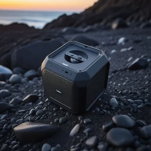 A SPEAKER  UNDER THE DARK BLACK SAND ROCKS WITH UNIVERSE BACKGROUND,a black speaker sitting on top of a beach,hasselblad,beautiful speaker,gamecube,sundown audio,bass speaker,portable radio,Photograph