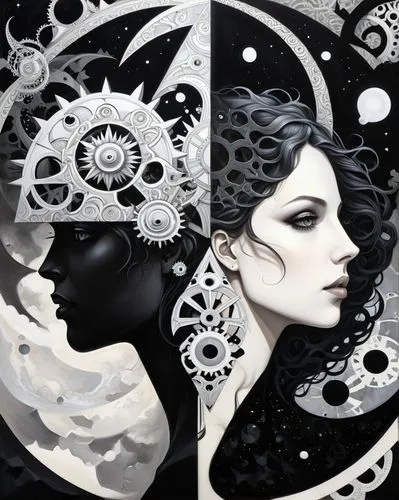 lunar phases,moon phases,yinyang,yin yang,priestesses,sun and moon,orions,opposites,celestials,vespertine,symbioses,symbolists,astrologers,celestial bodies,polarities,diptych,hesperides,sorceresses,oracles,muses,Illustration,Realistic Fantasy,Realistic Fantasy 01