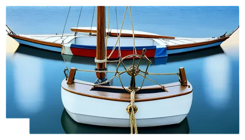 Sailboat, white sails, wooden hull, shiny deck, brass fixtures, ropes coiled, sail trim, nautical flags, captain's wheel, liferaft, anchor dropped, calm sea, sunset lighting, soft focus, panoramic vie