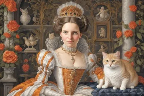 elizabeth i,portrait of a woman,elizabeth nesbit,cat portrait,portrait of a girl,tudor,romantic portrait,portrait of christi,gothic portrait,queen anne,victorian lady,bellini,rococo,cat european,calico cat,barbara millicent roberts,millicent fawcett,crème anglaise,jane austen,woman holding pie,Digital Art,Classicism