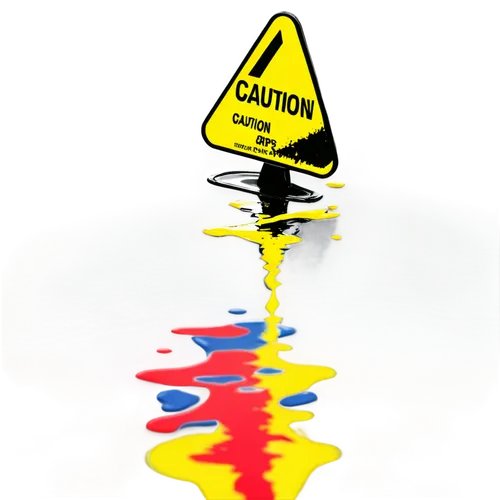 Yellow caution sign, wet floor warning, reflective surface, bold black font, triangular shape, standing upright, slight angle, close-up shot, shallow depth of field, bright lighting, high contrast, PN