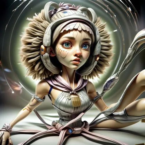 a rendering woman sitting on the ground with an odd hat,kuanyin,kerrii,muffet,muffett,aelita,bjork