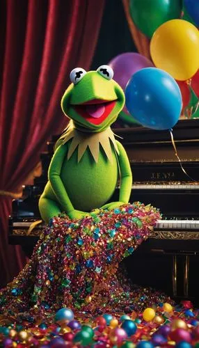 Kermit, Miss Piggy, Fozzie, Gonzo, Animal, shiny, sparkling, glittering, metallic, rainbow-colored, iridescent, stage lights, spotlights, curtains, velvet drapes, ornate mirrors, luxurious carpet, gra