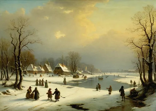 winter landscape,snow scene,christmas landscape,winter village,village scene,andreas achenbach,early winter,dutch landscape,snow landscape,in the winter,winter morning,snowy landscape,rural landscape,christmas scene,asher durand,in winter,night scene,robert duncanson,groenendael,bougereau,Illustration,Realistic Fantasy,Realistic Fantasy 14