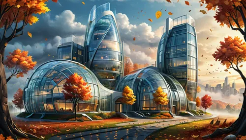 futuristic landscape,autumn background,autumn landscape,fall landscape,futuristic architecture,sci fiction illustration,fantasy landscape,mushroom landscape,world digital painting,city buildings,fantasy city,landscape background,autumn scenery,skyscrapers,home landscape,autumn icon,autumn idyll,city scape,autumn theme,fantasy picture,Unique,Design,Sticker