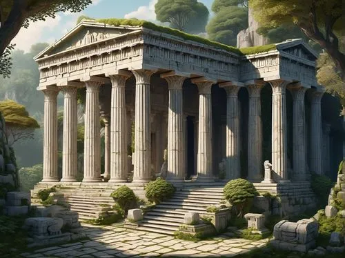 Ancient Greek temple, Doric columns, intricately carved marble, ornate frieze, sculptures of mythological creatures, grand entrance, majestic stairs, imposing stone walls, moss-covered roof tiles, ove