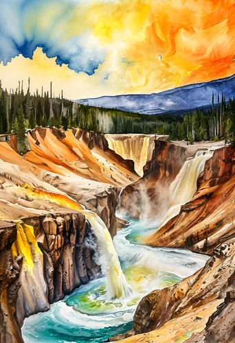 yellowstone,colorful grand prismatic spring,geysers,firehole,bow falls,salt meadow landscape,grand prismatic from overlook,geyser,ilse falls,falls of the cliff,vapors over grand prismatic spring,watercolor background,great fountain geyser,flowing water,athabascan,maligne river,metolius,hoodoos,fairyland canyon,flowing creek