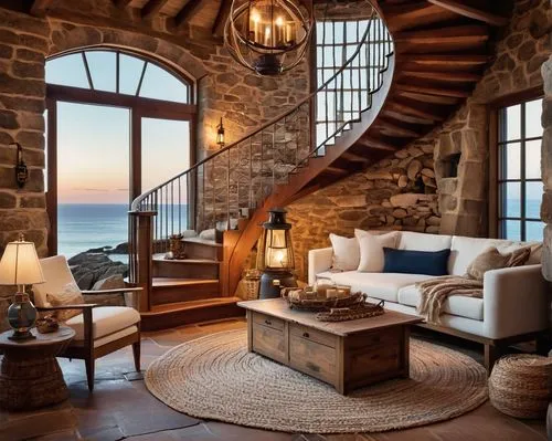 stone stairs,spiral staircase,beautiful home,loft,winding staircase,great room,rustic aesthetic,the cabin in the mountains,spiral stairs,stone stairway,staircase,circular staircase,dreamhouse,rustic,window with sea view,wooden stairs,winding steps,fire place,stairs,oceanfront,Illustration,Abstract Fantasy,Abstract Fantasy 11