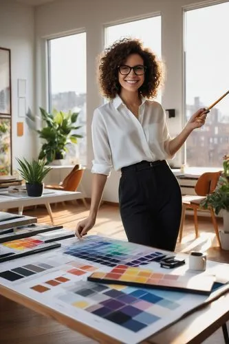 modern minimalist living room, female designer, 25-30yo, curly brown hair, glasses, elegant smile, white shirt, black pants, sneakers, holding a pencil, standing near a desk, with architectural models