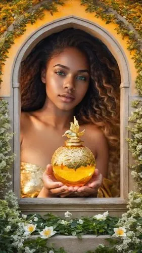 oshun,mabon,citrine,yellow rose background,golden apple,woman holding pie