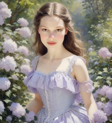 lilac blossom,girl in the garden,la violetta,mystical portrait of a girl,girl in flowers,fantasy portrait,lilacs,lilac flowers,common lilac,cinderella,lilac flower,eglantine,portrait of a girl,the lavender flower,lilac arbor,girl picking flowers,white lilac,young woman,romantic portrait,oil painting,Digital Art,Classicism