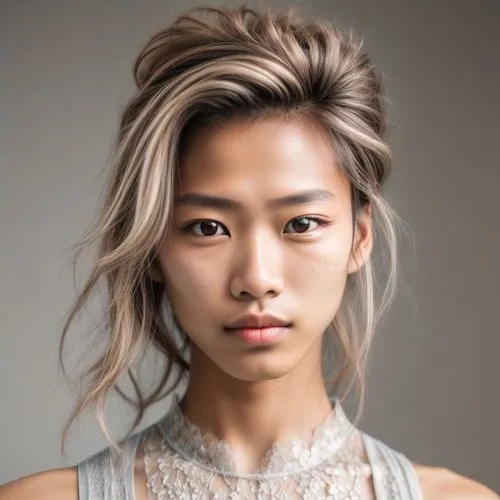 A feminine-looking boy. Noticeable stubble on the upper lip and scars on the cheek as well as several moles.,asian semi-longhair,asian woman,janome chow,asymmetric cut,korean,layered hair,asian,choi k