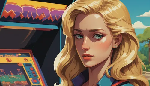 game illustration,arcade games,retro girl,arcade game,retro woman,arcade,pinball,retro diner,retro women,detail shot,video game arcade cabinet,slot machines,game art,arcades,retro background,captain marvel,blonde woman,vector girl,vector illustration,action-adventure game,Unique,Pixel,Pixel 04