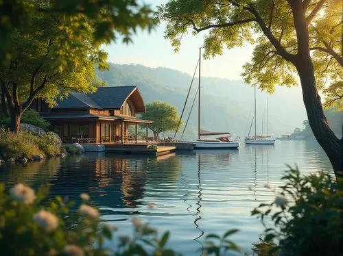 house by the water,houseboat,summer cottage,floating huts,house with lake,boat house,boat landscape,boathouse,houseboats,idyllic,wooden boat,cottage,boat shed,summer house,beautiful lake,floating over lake,seclude,beautiful home,floating on the river,boathouses,Photography,General,Realistic