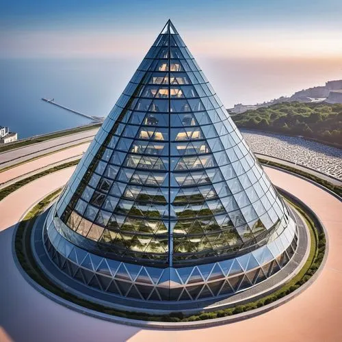 a very big very tall metal object,glass pyramid,largest hotel in dubai,futuristic architecture,burj al arab,baku,glass building,Photography,General,Realistic