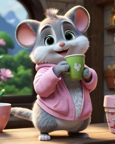 Disney Pixar Charakter, malerisch, 3D, H Solo, flauschig, pelzig, Maus, grüne Augen, graues Fell, flauschige Wangen, rosa pyjama, Schlummertrunk, Seitenansicht, Oberkörperaufnahme, müde Gesichtsausdru