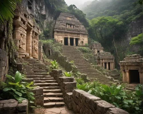 steps carved in the rock,emei,ellora,poseidons temple,ajanta,yangshao,vihara,mandapa,vietnam,phuntsok,braja,stone palace,rutana,biruta,kailasa,ancient buildings,walhalla,indian temple,zhangjiajie,vaikunta,Illustration,Realistic Fantasy,Realistic Fantasy 43