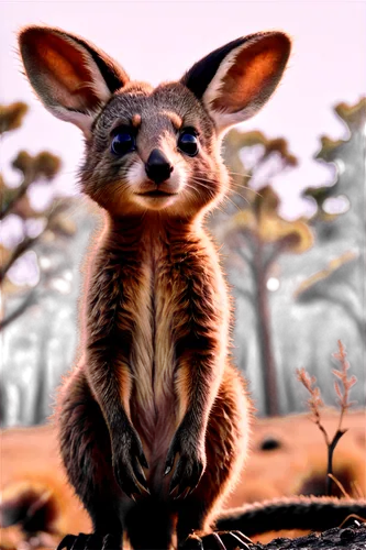 Marsupial animal, furry, cute, Australian wildlife, solo, standing, looking up, bright eyes, fluffy ears, bushy tail, soft fur, warm lighting, 3/4 composition, shallow depth of field, natural colors, 