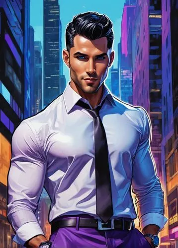 Muscular man, purple tiefling, 30yo, strong facial features, short black hair, sharp jawline, bright blue eyes, subtle smile, white dress shirt, black suit pants, black leather belt, silver watch, sta