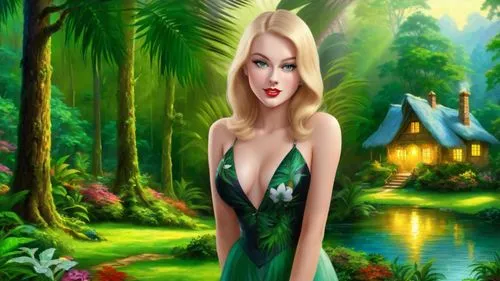 Romantic masterpiece oil painting, beautiful girl portrait, nostalgic 1950's style kitsch, vibrant rainforest landscape, lush tropical jungle paradise, beautiful natural scenery, lost wilderness cotta