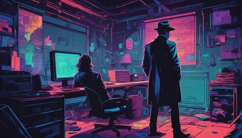 cyberpunk,computer room,detective,cyber,investigator,study room,black hat,man with a computer,desk top,game illustration,consulting room,neon ghosts,cyber crime,blue room,game art,modern office,offices,inspector,a dark room,investigation,Conceptual Art,Daily,Daily 21