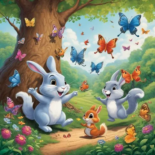 papillons,children's background,cartoon forest,papillomaviruses,rabbit family,butterfly background