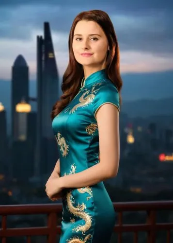 A young woman wearing a cheongsam dress

She is facing the camera, Her body is facing the camera, her waist is facing the camera, her neck is short, her back is round, her waist is short, her shoulder