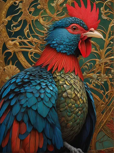 In a fantastical realm, a mischievous redcock uses its magical plumage to cast spells.,an ornamental bird,ornamental bird,portrait of a hen,phoenix rooster,bird painting,vintage rooster,golden pheasan