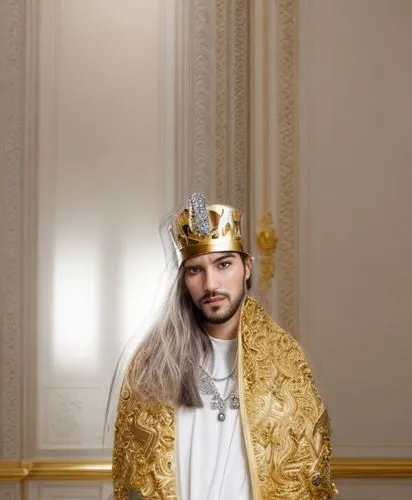 young king with long hair in palace
,gold crown,monarchy,gold foil crown,golden crown,napoleon iii style,king crown,royal,emperor,golden unicorn,king caudata,bahraini gold,versailles,royal crown,brazi