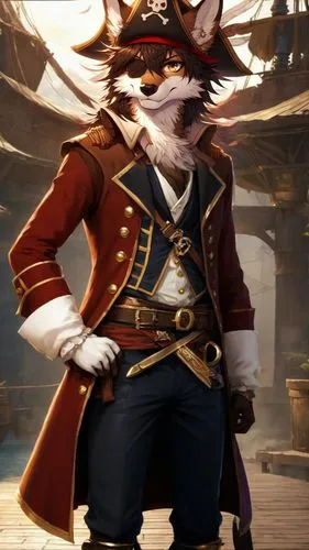 An anthropomorphic jackal, dressed as a pirate captain, in a full body shot.  Anime Style,napoleon cat,admiral von tromp,pirate,napoleon bonaparte,admiral,aegean cat,cat sparrow,amurtiger,napoleon,fig