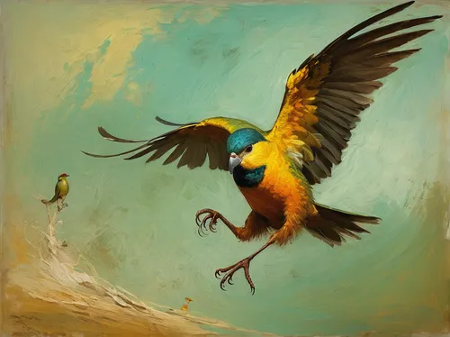 bird painting,sun conure,yellow macaw,sun conures,blue and gold macaw,cape weaver,sun parakeet,tropical bird climber,colorful birds,sunbird,golden parakeets,blue and yellow macaw,guacamaya,gold finch,exotic bird,macaws of south america,passerine parrots,bird in flight,tropical bird,bird flying,Art,Classical Oil Painting,Classical Oil Painting 44