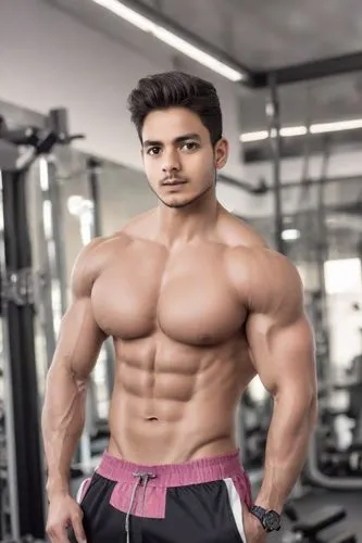 Professional Headshots，Professional，Elite Personal Trainer In Gym,an indian model wearing a purple shorts in front of a gym machine,nanjundaswamy,vijender,gautam,kunal,kushti,BODYBUILDER,Photography,R