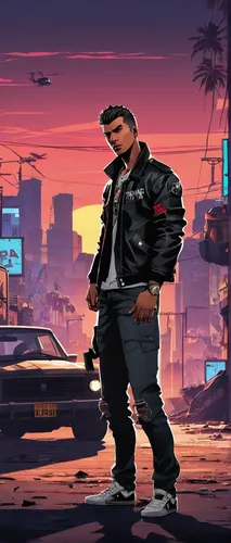 banned character, GTA Online, male, (25yo), angry expression, short hair, stubble, leather jacket, ripped jeans, sneakers, standing, urban environment, graffiti walls, abandoned cars, sunset, dramatic