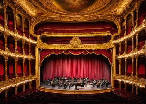 Grand opera house, Baroque style, golden decorations, intricate carvings, red velvet curtains, crystal chandeliers, ornate balconies, luxurious seating, spotlights shining down, evening performance, d